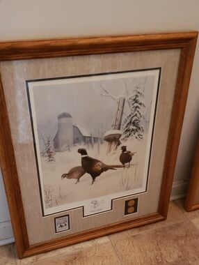 Leo Stans Collectors Edition Framed Pheasant Winter Scene Print - Brown & Cream